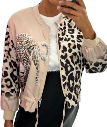 Generisch Damen Jacke Mit Reißverschluss Und Leopardenmuster Kurz Leicht Rundhalsausschnitt Kordelzug Modische Jacke Mit Tiermotiv (Beige,M) von Hecatombic