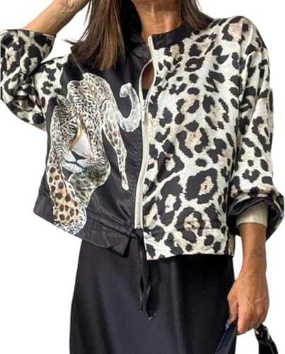 Generisch Damen Jacke Mit Reißverschluss Und Leopardenmuster Kurz Leicht Rundhalsausschnitt Kordelzug Modische Jacke Mit Tiermotiv (Schwarz,M) von Generisch
