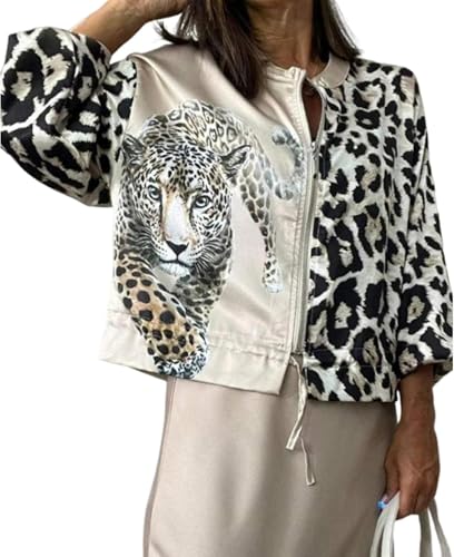 Generisch Damen Jacke Mit Reißverschluss Und Leopardenmuster Kurz Leicht Rundhalsausschnitt Kordelzug Modische Jacke Mit Tiermotiv (Weiß,S) von Generisch