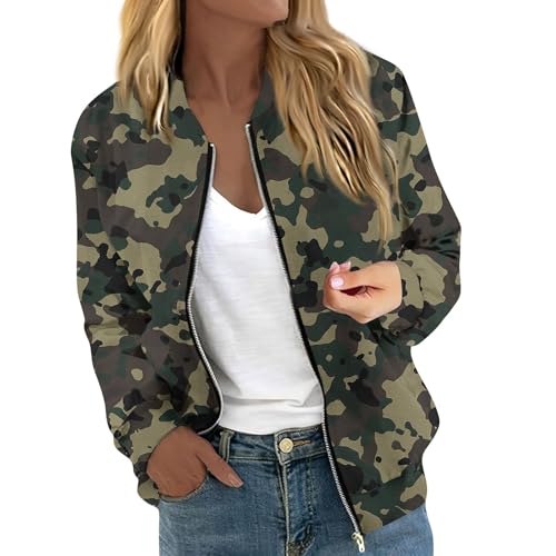 Generisch Damen Jacke Winter Camouflage Bomberjacke Damen Camo mit Reissverschluss Herbstjacke Damen Elegant Pilotenjacke mit Tarnmuster Winterjacke Frauen mit Taschen Übergangsjacke Herbstwinter von Generisch