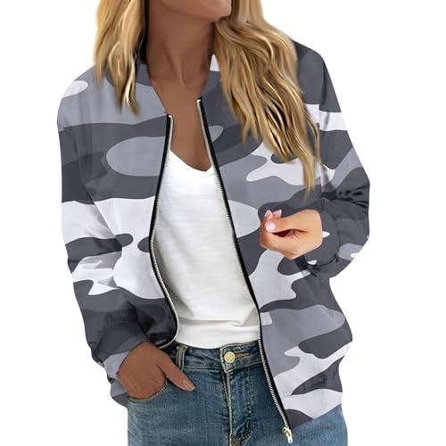 Generisch Damen Jacke Winter Camouflage Bomberjacke Damen Camo mit Reissverschluss Herbstjacke Damen Elegant Pilotenjacke mit Tarnmuster Winterjacke Frauen mit Taschen Übergangsjacke Herbstwinter von Generisch