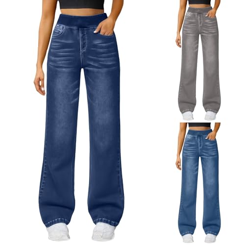 Generisch Damen Jeans High Waist mit Komfortbund, Wide Leg Stretch-Denim Hose ohne Reißverschluss, Bequeme Straight Leg Freizeithose von Generisch