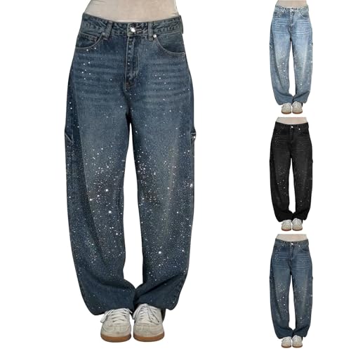 Generisch Damen Jeans Weites Bein Boyfriend Jeans Damen Weites Bein Distressed Jeanshosen Stretch Oversized Jeanshose Casual High Waist Denim Pants Straight Leg Cargo Mit Taschen von Generisch