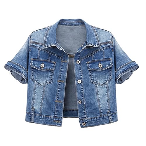 Generisch Damen Jeansjacke Kurzarm Übergangsjacke Elegant Kurz Sommerjacke Leicht Sportlich Freizeitjacke Revers Kurzjacke Mit Knöpfen Jeanshemd Casual Denim-Jacke Streetwear Jacke Bikerjacke von Generisch