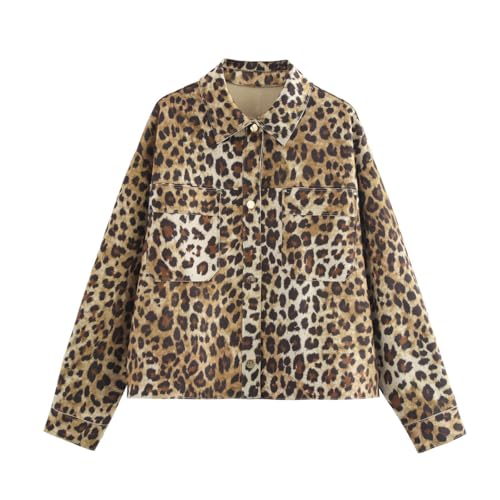 Generisch Damen Jeansjacke mit Retro Leopard Print Knopfleiste und Damen Revers Langarm Leopard Print Jacke (Braun,L) von Generisch