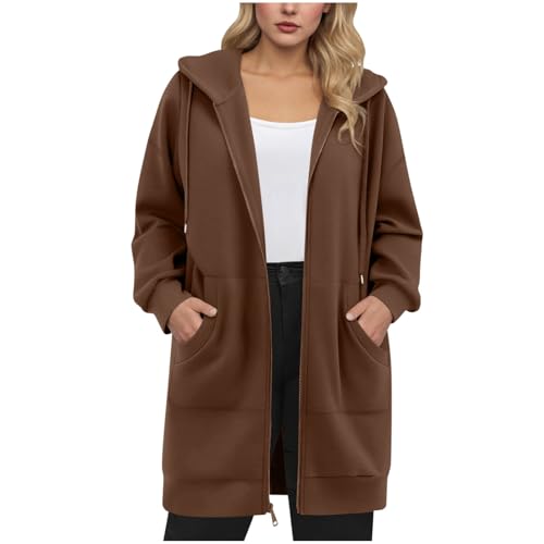 Generisch Damen Kapuzenjacke Lang Sweatjacke mit Kapuze Hoodie Jacke Herbst Winter Mantel Sweatshirts Langarm Kapuzenpullover Strickjacke mit Reißverschluss Taschen Casual Übergangsjacke Winterjacke von Generisch