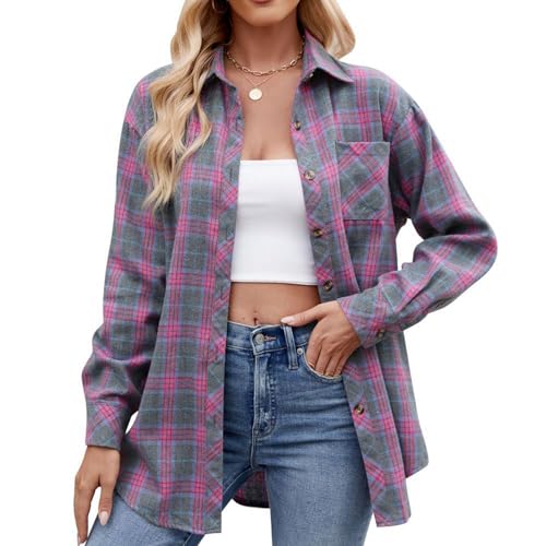 Generisch Damen Kariertes Hemdbluse Knopfleiste Langarm Oktoberfest Bluse Karo Tunika Casual V-Ausschnitt Oberteile Flanellhemd 03-Lila L von Generisch