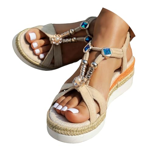 Generisch Damen Keilsandalen Sommer Bequeme Bohemian Glitzer Strass Elegant Espadrilles Sandalen Frauen Plateau Sandals Mode Strand Barfußschuhe mit Weiches Fussbett und Ankle Strap (B, 42) von Generisch