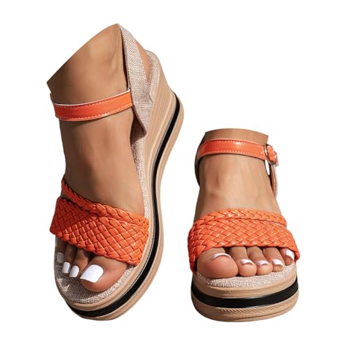 Generisch Damen Keilsandalen Sommer Bohemian Elegant Espadrilles Sandalen Bequeme Frauen Plateau Sandals Mode Strand Barfußschuhe mit Weiches Fussbett und Einstellbarer Schnalle (Orange, 38) von Generisch