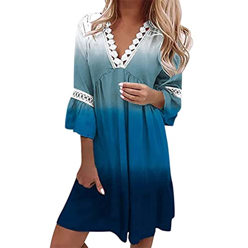 Generisch Damen Kleid Elegant Blumenmuster Sommerkleid V-Ausschnitt 3/4-Arm Knielanges Kleid Musselin Kleid Vintage Boho Freizeitkleid Strandkleider Summer Dress for Women 00c Grün XL 00c Blau XL von Generisch