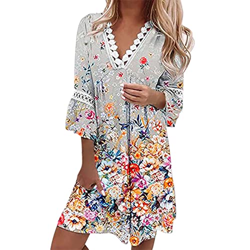 Generisch Damen Kleid Elegant Blumenmuster Sommerkleid V-Ausschnitt 3/4-Arm Knielanges Kleid Musselin Kleid Vintage Boho Freizeitkleid Strandkleider Summer Dress for Women 00c XL 00c Grau XL von Generisch