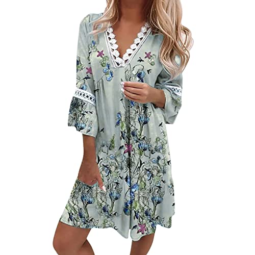 Generisch Damen Kleid Elegant Blumenmuster Sommerkleid V-Ausschnitt 3/4-Arm Knielanges Kleid Musselin Kleid Vintage Boho Freizeitkleid Strandkleider Summer Dress for Women 00d Grau XXL 00d Grau XXL von Generisch