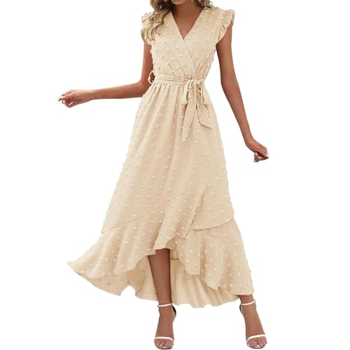 Generisch Damen Kleid Lang Sale Kleidung Sale Kleid Lang Damen Sommer Damen 2025 Wickelkleid Mit V-Ausschnitt, Rüschenärmel, Punkte, Boho-Rüschen, Fließend, Maxikleider Kurze Elegante Kleider von Generisch