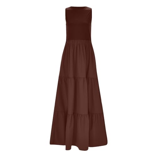 Generisch Damen-Kleid mit Fester Taille, lässigem Rundhalsausschnitt, Weste, Patchwork-Taschenkleid Damen Sommerkleid Maxikleid Elegant Freizeitkleider Strandkleid Lang Kleider Partykleid (Red, XXL) von Generisch