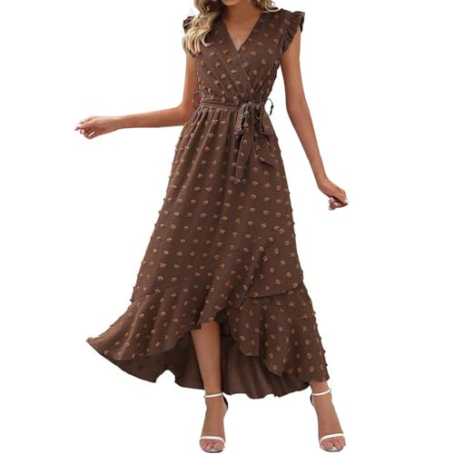 Generisch Damen Kleider Angebote Strand Must Haves Kleid Lang Damen Sommer Damen 2025 Wickelkleid Mit V-Ausschnitt, Rüschenärmel, Punkte, Boho-Rüschen, Fließend, Maxikleider Kurze Elegante Kleider von Generisch