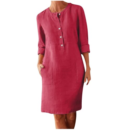 Generisch Damen Kleider Leinenkleid Abendkleid Elegante Kleid Freizeitkleid Langarm Kleid mit Taschen Kleid Knielang Einfarbig Kleid Leinenkleider Frauen Kleidung Die Discounter Wassermelonenrot L von Generisch