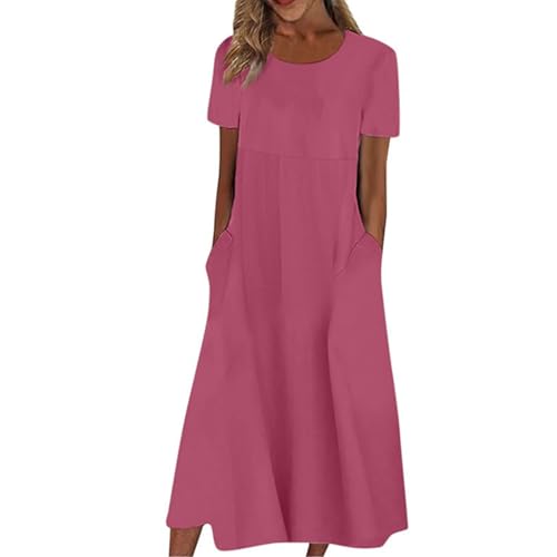 Generisch Damen Kleider Sommer Midi Sommerkleid Damen Leicht Midikleid Elegant Kurzarm Damenkleider mit Taschen Sommerkleider Lang Locker Strandkleid Luftig Dünne Kleid Frauen Rundhals mit Ärmeln von Generisch