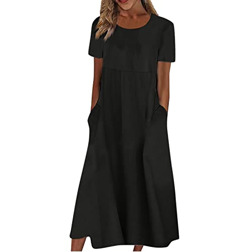 Generisch Damen Kleider Sommer Midi Sommerkleid Damen Leicht Midikleid Elegant Kurzarm Damenkleider mit Taschen Sommerkleider Lang Locker Strandkleid Luftig Dünne Kleid Frauen Rundhals mit Ärmeln von Generisch