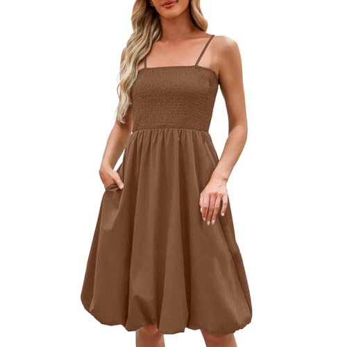 Generisch Damen Kleider Sommerkleid Boho Trägerkleid mit Taschen Tailliertes Kleid Einfarbige Freizeitkleid Leicht Festliche Elegante Kleider Outdoor Damenkleider Sommer Strandkleid Khaki XXL von Generisch