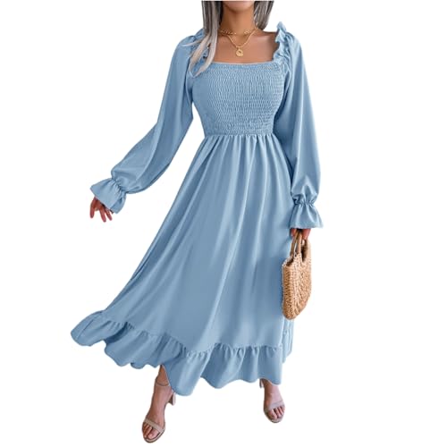 Generisch Damen Kleider Square Ausschnitt Partykleid Tunika Maxikleid High Waist Falten Langarmkleid Hochzeitsgast mit Rüschen Hohe Taille Elegant Plisseekleid Hellblau S von Generisch