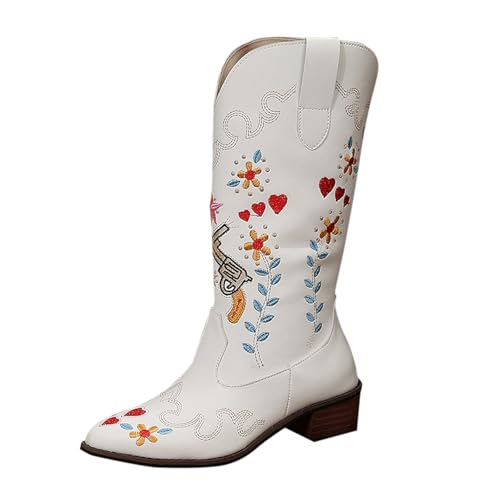 Generisch Damen Kniehohe Stiefel Mit Weiter Wade,Winterstiefel Für Damen,Stickereien Blockabsatz rutschfeste Große Größe Lange Stickerei Stiefel Mit Absatz Hohe Stiefel von Generisch