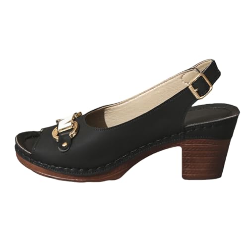 Generisch Damen Korksohle Plateau Slingback Sandalen Spitze Zehe Chunky Block Heel Freizeit Sandale mit Schnalle Riemen (Black, 42) von Generisch