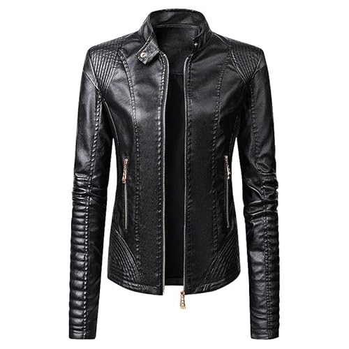 Generisch Damen Kunstlederjacke Reverskragen Lange Ärmel Übergangsjacke Reißverschluss Bikerjacke Damen Lässig Motorrad Jacke Frauen Lederjacke Damen Schwarz Winter Lederjacke Damen Lang Cognac von Generisch