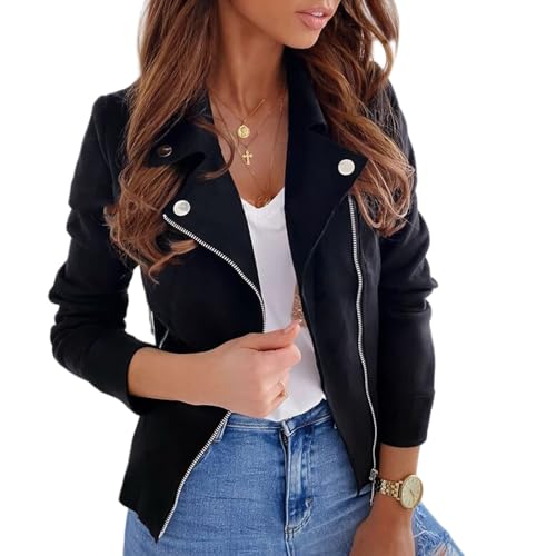 Generisch Damen Kunstlederjacken Wildleder Herbstmode 2025 Outfits Winterkleidung Offene Vorderseite Kurzmantel (Black, M) von Generisch