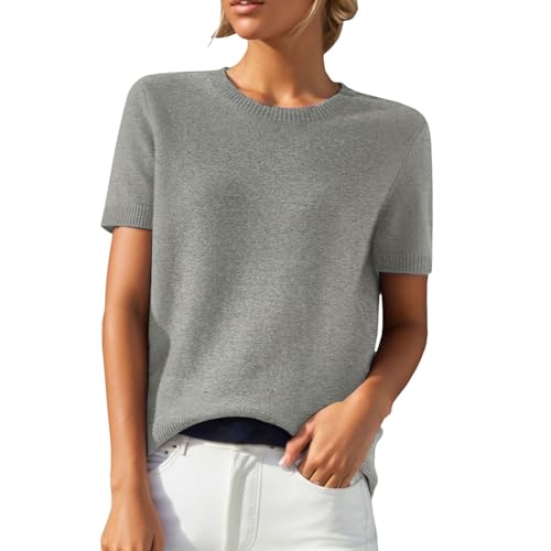 Generisch Damen Kurzarmpullover Damen Kurzarm Strickpullover Elegante Einfarbige Bluse Tops Basic Baumwolle Oberteile für Frühling Sommer Leichte Casual O-Ausschnitt Pullover Pulli Tops Sweatshirt von Generisch