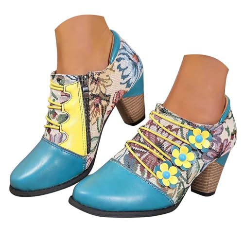 Generisch Damen Kurze Stiefel mit Blockabsatz PU Winterstiefel Retro Bedruckte Ankle Boots Stiefelette Western Reiterstiefel Klassische Stiefels von Generisch