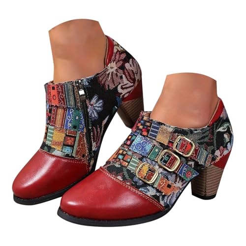 Generisch Damen Kurze Stiefel mit Blockabsatz PU Winterstiefel Retro Bedruckte Ankle Boots Stiefelette Western Reiterstiefel Klassische Stiefels von Generisch