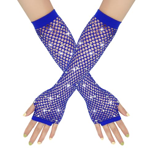 Generisch Damen Lang Netz-Handstulpen, Fischnetz Fingerlose Handschuhe, Netzhandschuhe mit Strass Glänzende, Modische Opernhandschuhe für 80er Jahre Kostümparty Halloween Cosplay Zubehör (Navy blau) von Generisch