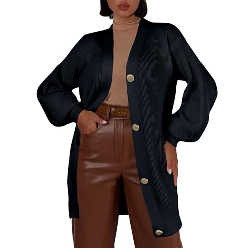 Generisch Damen Lang Strickjacke V Ausschnitt Strickjacken Damen Modern Elegant Langarm Cardigan Damen Lang Mit Knöpfen Longstrickjacke Winter Grobstrickjacke Frauen Mittellang Einfarbig Strickmantel von Generisch