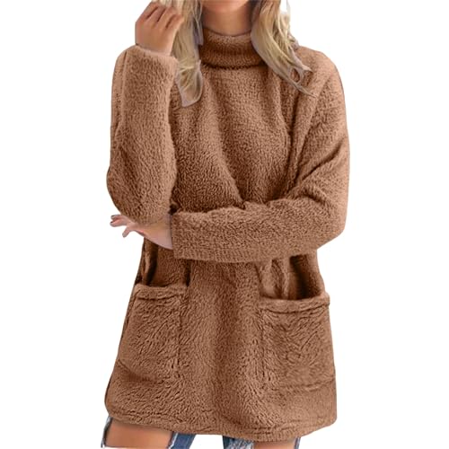 Generisch Damen Lang Teddy Fleece Flauschig Pulli Weich Winter Warm Sweatshirt Ohne Kapuze Lose Plüsch Oversize Casual Fleecepulli Lockeres Einfarbig mit Taschen Warme Pullover von Generisch