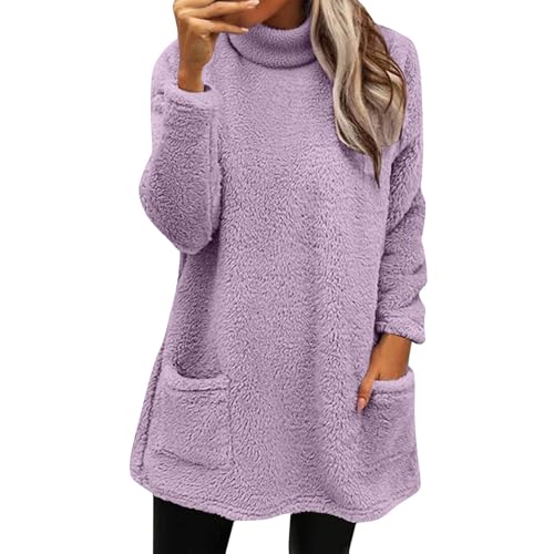 Generisch Damen Lang Teddy Fleece Flauschig Pulli Weich Winter Warm Sweatshirt Ohne Kapuze Lose Plüsch Oversize Casual Fleecepulli Lockeres Einfarbig mit Taschen Warme Pullover von Generisch