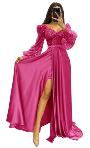 Generisch Damen LangäRmliges Pailletten-Ballkleid Mit Schlitz V-Ausschnitt Formelles Abendkleid Partykleid Mit PuffäRmeln Prinzessinnenkleid Hot Pink L von Generisch