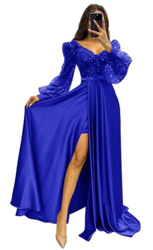 Generisch Damen LangäRmliges Pailletten-Ballkleid Mit Schlitz V-Ausschnitt Formelles Abendkleid Partykleid Mit PuffäRmeln Prinzessinnenkleid Royal Blue XL von Generisch