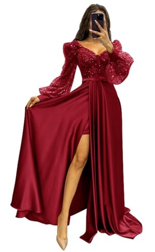 Damen LangäRmliges Pailletten-Ballkleid Mit Schlitz V-Ausschnitt Formelles Abendkleid Partykleid Mit PuffäRmeln Prinzessinnenkleid Wine Red M von Generisch