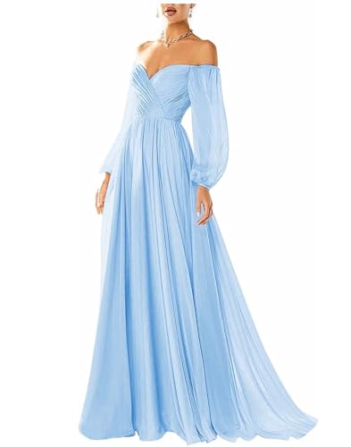 Generisch Damen Langarm Ballkleider V-Ausschnitt Chiffon Schulterfrei Ballkleid Langes Brautkleid Formelles Abendkleid Light Blue 40 von Generisch