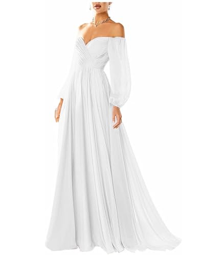 Generisch Damen Langarm Ballkleider V-Ausschnitt Chiffon Schulterfrei Ballkleid Langes Brautkleid Formelles Abendkleid White 38 von Generisch