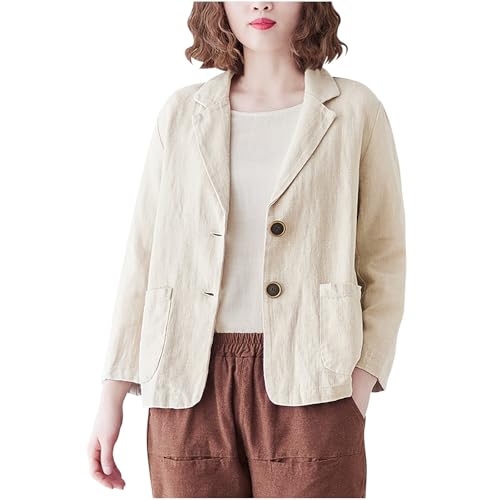 Generisch Damen Langarm Blazer Vorne Offener Anzugjacke Reverskragen Büro Langarm Jacke Oversized Leinenbluse Musselin Bluse Longbluse Damen 3/4 Ärmel Baumwolle Leinen Lässig Tunika Teenager Mädchen von Generisch