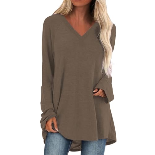 Generisch Damen Langarm Oversize Basic Langarmshirt Pullover Tunika Rundhalsausschnitt V-Ausschnitt Oberteil Lässige Einfarbig Tops Sommer Baumwolle von Generisch