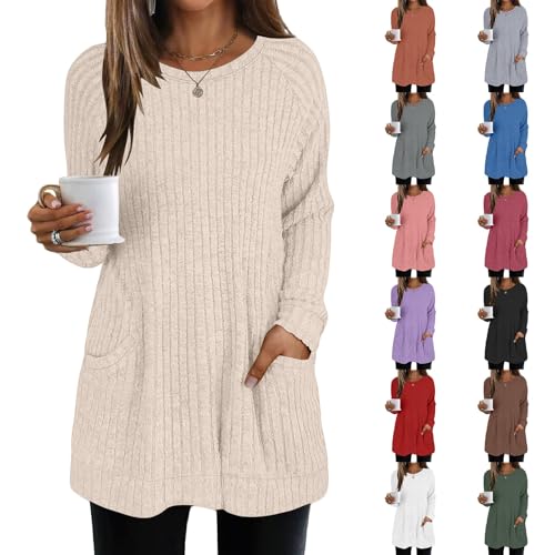 Generisch Damen Langarm Strickpullover Elegant Long Pullover mit Taschen Rundhalsausschnitt Tunika Leichter Warme Sweater Casual lockere Oberteile Einfarbiger Autumn Winter Langarmshirts (Beige, M) von Generisch
