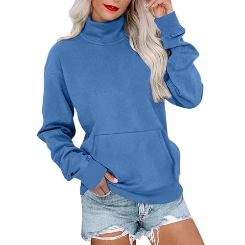Generisch Damen Langarmshirt,Langarm Sweatshirt Herbst Für Damen Turtleneck Herbst Rundhals Oberteil Mit Tasche Elegant Casual Basic Langarmshirt Frauen Baumwolle Oversize Pullover Tops Ohne Kapuze von Generisch