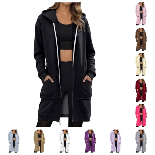 Generisch Damen Lange Kapuzenpullover mit Reißverschluss Hoodie Jacke Langarm Autumn Winter Pulli Sweatjacke Sweatshirts Kapuzenpullover Streetwear Strickjacke mit Taschen von Generisch