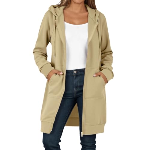 Generisch Damen Lange Kapuzenpullover mit Reißverschluss Hoodie Jacke Strickjacke mit Taschen Langarm Pulli Sweatjacke Sweatshirts Kapuzenpullover Streetwear Winter (b-White, M) von Generisch