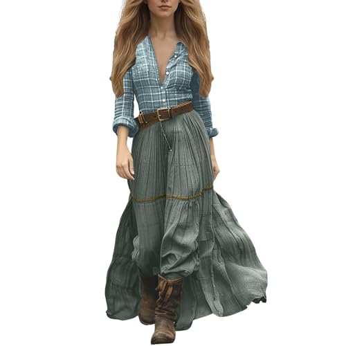Generisch Damen Langes Boho Kleid Vintage Rustikaler Stil V-Ausschnitt Kleid mit Blumenmuster Damen Maxikleid Frühling Langarm Blumenkleid Western Country Freizeitkleider Strandkleid (F-Green, M) von Generisch