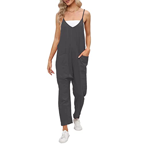 Generisch Damen Latzhose Sommer Oversize Arbeitshose Lässig Loose Ärmellos Jumpsuit Festlich Latzhose Trägerhose V-Ausschnitt Mit Taschen Arbeitslatzhose Einfarbiger Latzhosen Faschingskostüme von Generisch