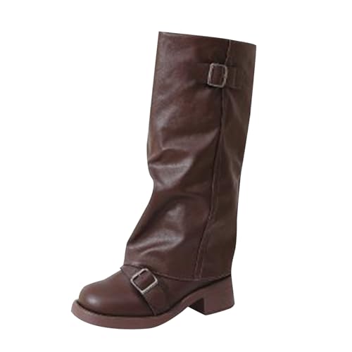 Generisch Damen Leathe Knielange Stiefel mit Ärmeln Runde Zehe Chunky Heel Westernstiefeletten mit Schnallenriemen (Brown, 38) von Generisch