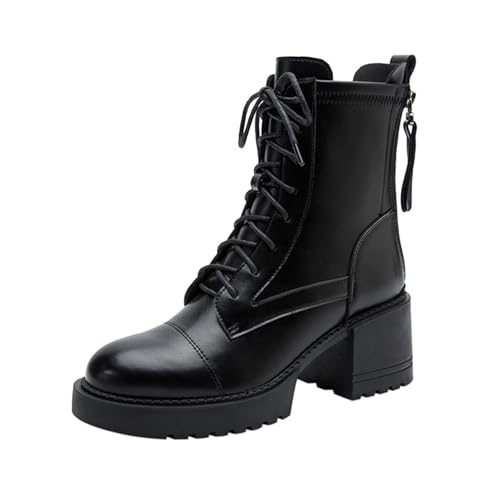 Generisch Damen Leder Stiefeletten Modische Stiefeletten Mit Blockabsatz Und Reißverschluss Hinten Herbst/Winter Motorradstiefel(Black,35) von Generisch